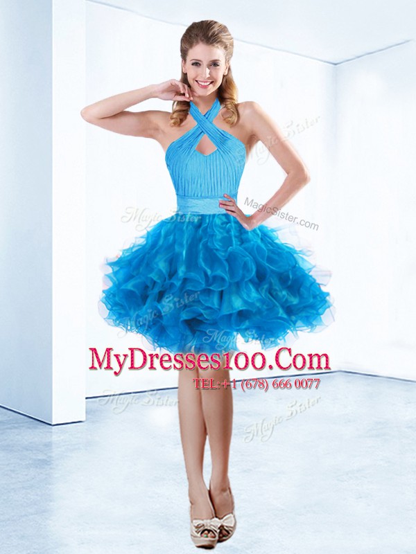 Unique Halter Top Mini Length Ball Gowns Sleeveless Baby Blue Party Dress for Girls Zipper