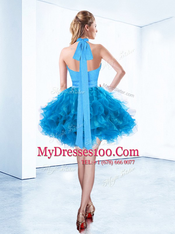 Unique Halter Top Mini Length Ball Gowns Sleeveless Baby Blue Party Dress for Girls Zipper
