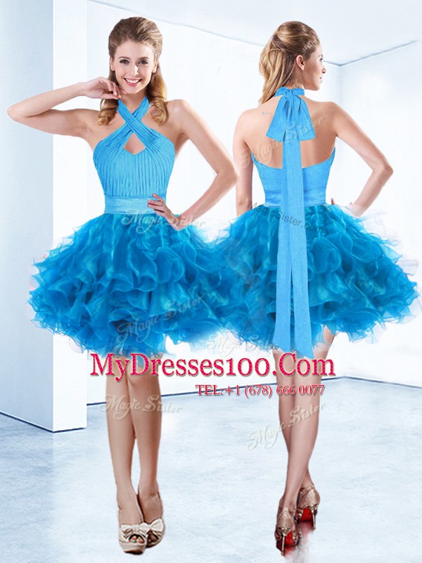 Unique Halter Top Mini Length Ball Gowns Sleeveless Baby Blue Party Dress for Girls Zipper