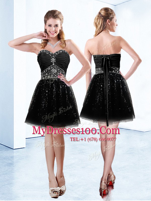 Spectacular Black Sleeveless Knee Length Beading Lace Up Party Dress
