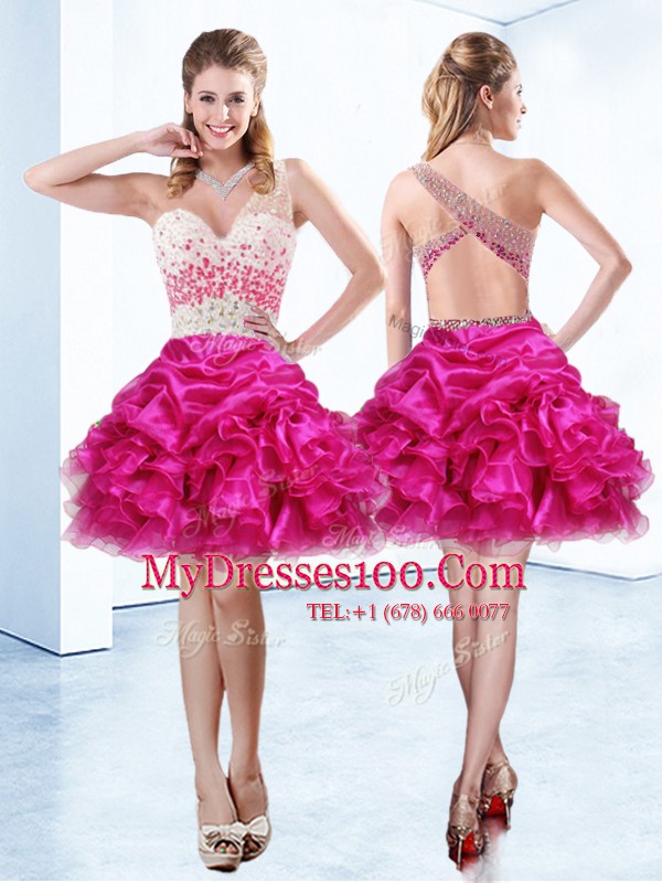 One Shoulder Sleeveless Organza Ball Gown Prom Dress Beading and Ruffles and Pick Ups Criss Cross