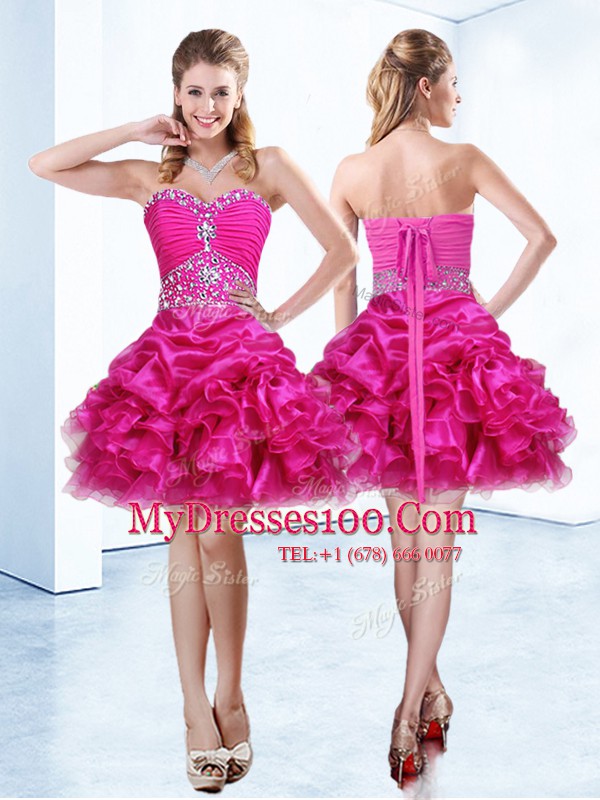 Inexpensive Hot Pink Sweetheart Neckline Beading and Ruffles and Pick Ups Cocktail Dresses Sleeveless Lace Up