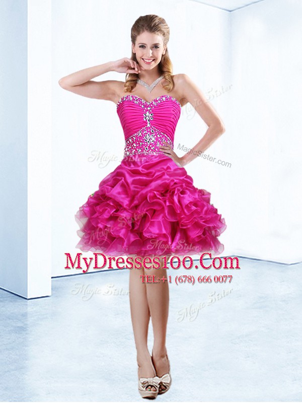 Inexpensive Hot Pink Sweetheart Neckline Beading and Ruffles and Pick Ups Cocktail Dresses Sleeveless Lace Up