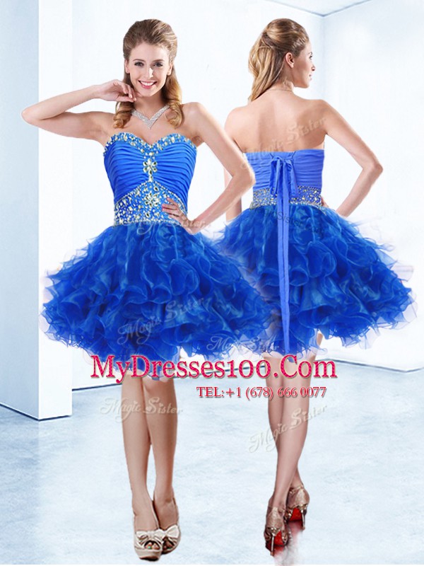 Glamorous Royal Blue Womens Party Dresses Prom and Party and For with Ruffles and Ruching Sweetheart Sleeveless Lace Up