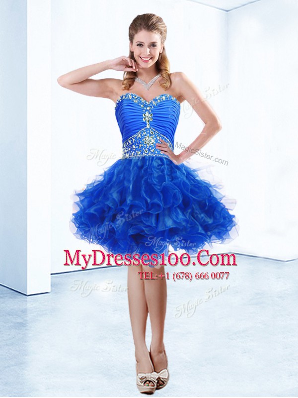 Glamorous Royal Blue Womens Party Dresses Prom and Party and For with Ruffles and Ruching Sweetheart Sleeveless Lace Up