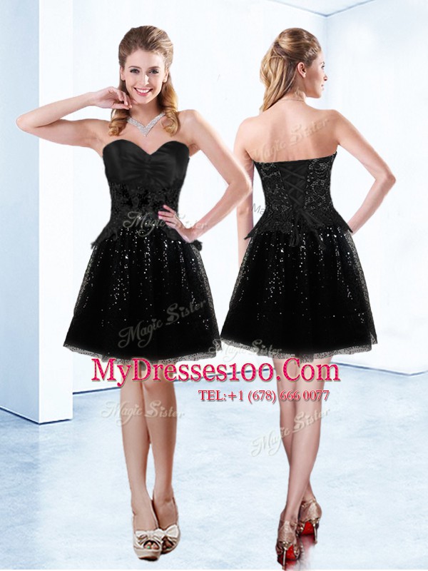 Sweetheart Sleeveless Casual Dresses Mini Length Beading and Lace Black Organza