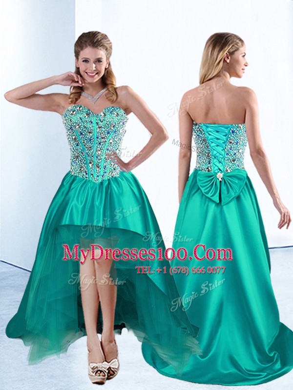 Teal A-line Beading and Bowknot Cocktail Dresses Lace Up Satin Sleeveless High Low