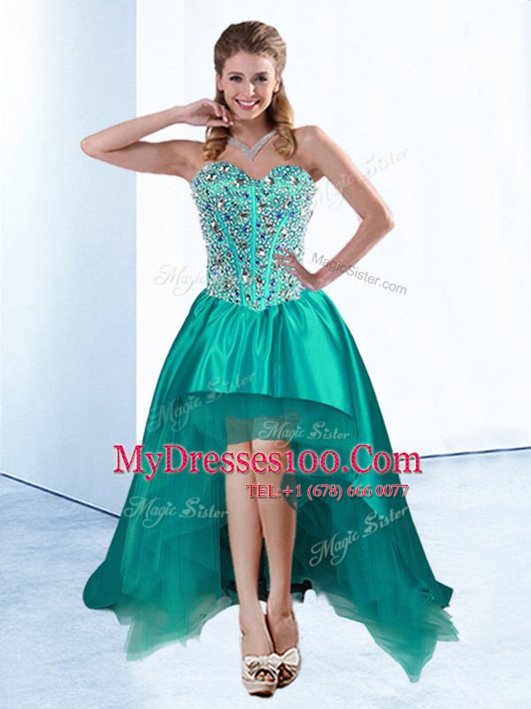 Teal A-line Beading and Bowknot Cocktail Dresses Lace Up Satin Sleeveless High Low