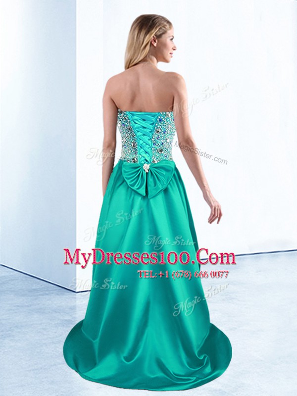 Teal A-line Beading and Bowknot Cocktail Dresses Lace Up Satin Sleeveless High Low