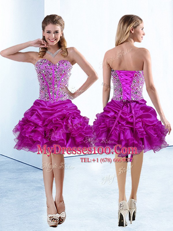 Fuchsia Sweetheart Neckline Beading and Ruffles and Pick Ups Party Dress Sleeveless Lace Up