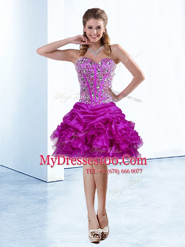 Fuchsia Sweetheart Neckline Beading and Ruffles and Pick Ups Party Dress Sleeveless Lace Up