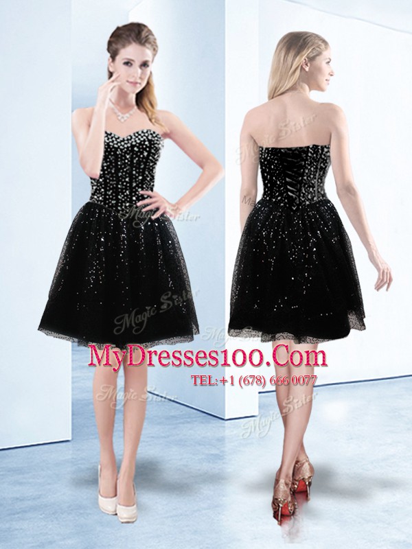 Sequins Knee Length A-line Sleeveless Black Cocktail Dresses Lace Up