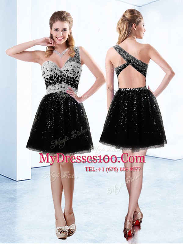 Beautiful Sleeveless Mini Length Beading and Sequins Lace Up Party Dress Wholesale with Black