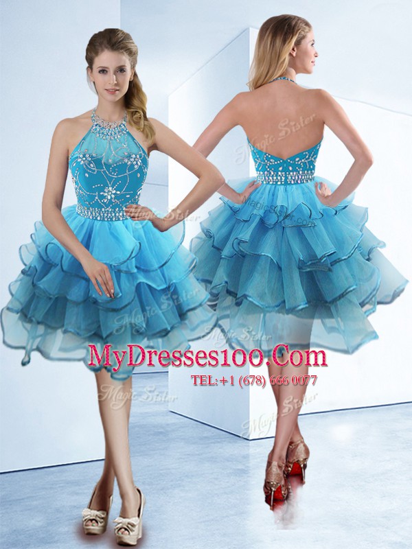 Superior Halter Top Organza Sleeveless Tea Length Military Ball Dresses For Women and Beading and Ruffled Layers