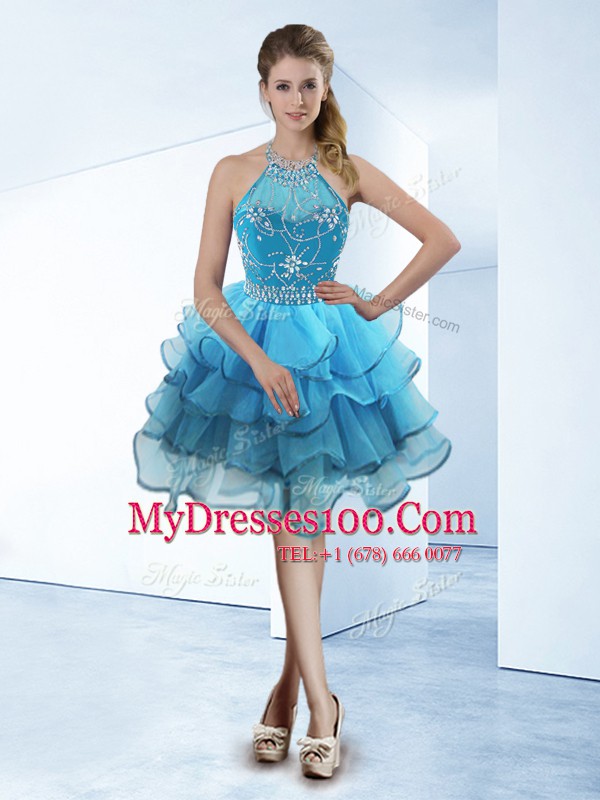 Superior Halter Top Organza Sleeveless Tea Length Military Ball Dresses For Women and Beading and Ruffled Layers