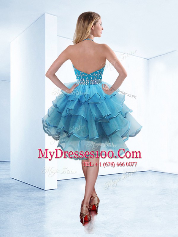 Superior Halter Top Organza Sleeveless Tea Length Military Ball Dresses For Women and Beading and Ruffled Layers