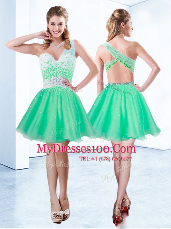 New Style Turquoise Club Wear Prom and Party and For with Beading One Shoulder Sleeveless Criss Cross