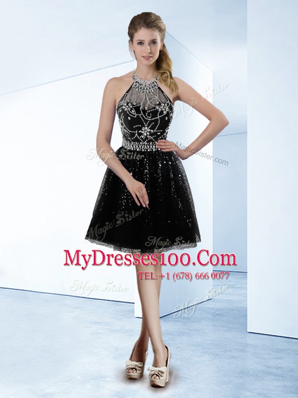 Knee Length Black Womens Party Dresses Halter Top Sleeveless Zipper