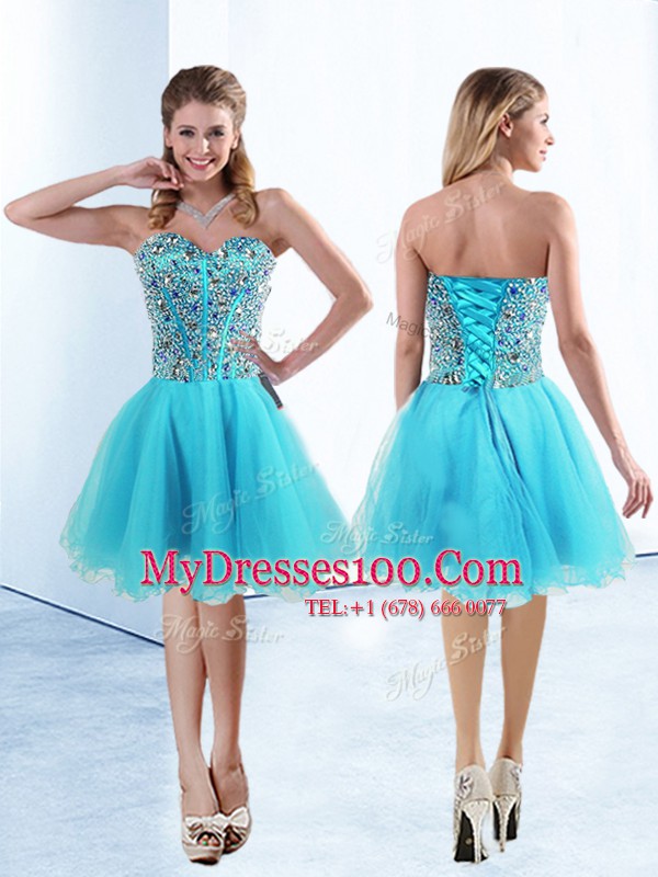 Sumptuous Aqua Blue Tulle Lace Up Cocktail Dresses Sleeveless Knee Length Beading