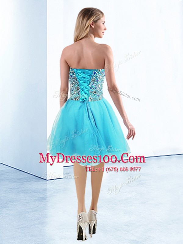 Sumptuous Aqua Blue Tulle Lace Up Cocktail Dresses Sleeveless Knee Length Beading