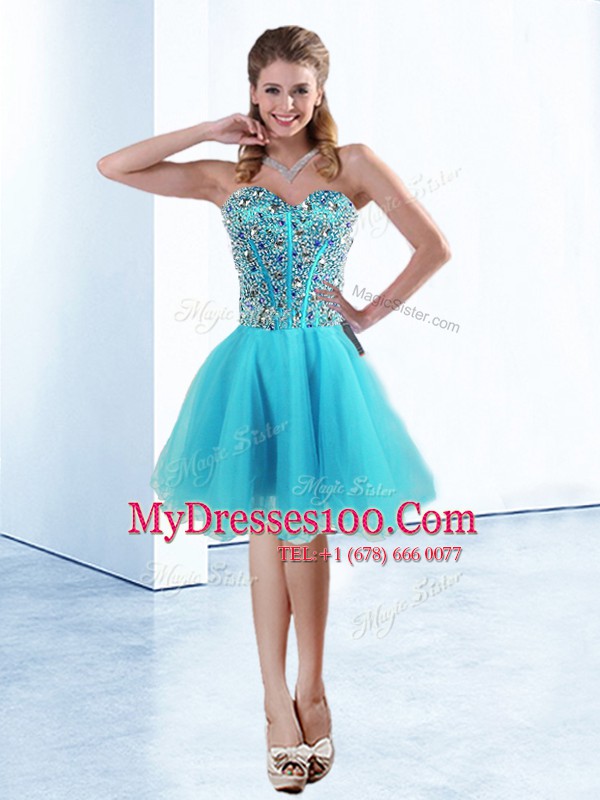 Sumptuous Aqua Blue Tulle Lace Up Cocktail Dresses Sleeveless Knee Length Beading