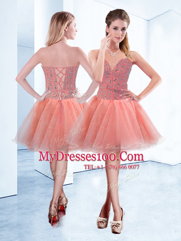 Shining Mini Length Lace Up Custom Made Peach for Prom and Party with Beading