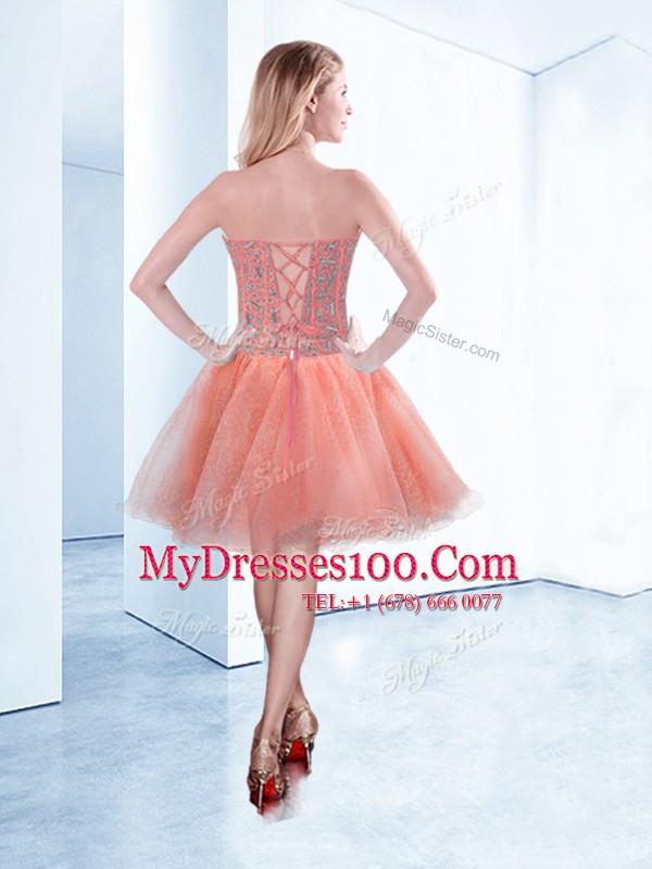 Shining Mini Length Lace Up Custom Made Peach for Prom and Party with Beading