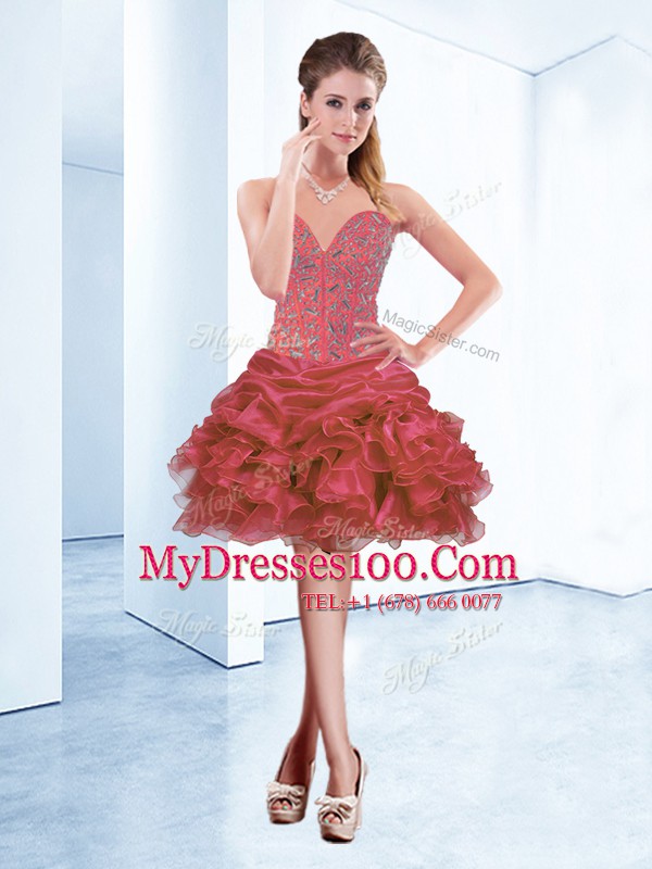 Spectacular Mini Length Coral Red Pageant Dress Womens Organza Sleeveless Beading and Ruffles and Pick Ups