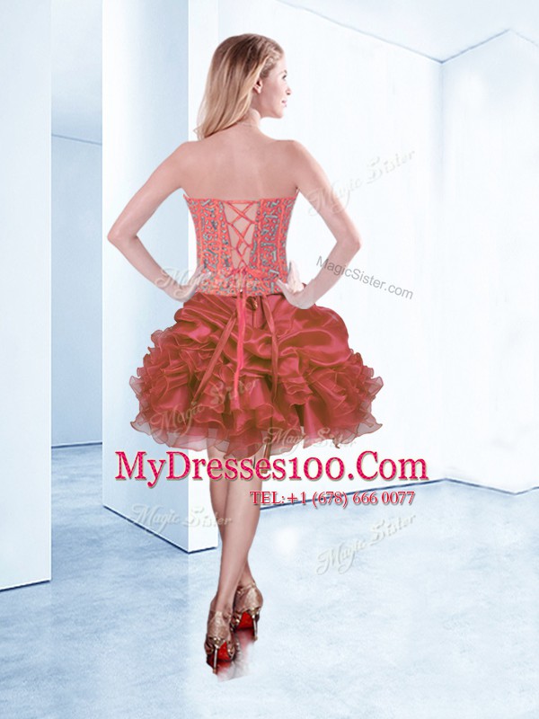 Spectacular Mini Length Coral Red Pageant Dress Womens Organza Sleeveless Beading and Ruffles and Pick Ups