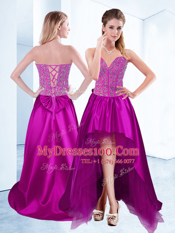 Low Price Fuchsia Satin Lace Up Cocktail Dresses Sleeveless High Low Beading