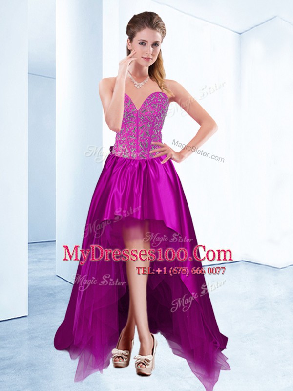 Low Price Fuchsia Satin Lace Up Cocktail Dresses Sleeveless High Low Beading