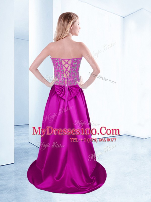 Low Price Fuchsia Satin Lace Up Cocktail Dresses Sleeveless High Low Beading
