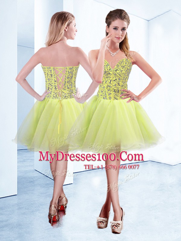 Sweet Yellow Green Lace Up Cocktail Dress Beading Sleeveless Knee Length