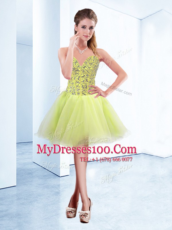Sweet Yellow Green Lace Up Cocktail Dress Beading Sleeveless Knee Length
