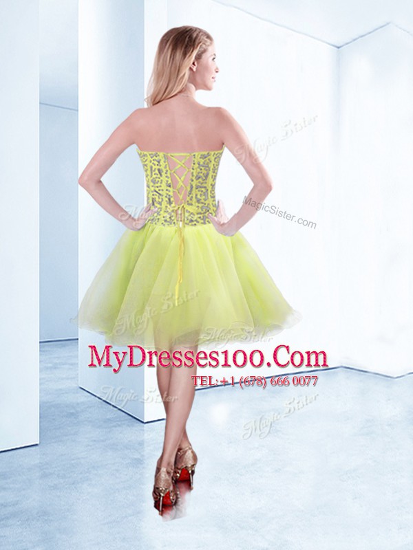 Sweet Yellow Green Lace Up Cocktail Dress Beading Sleeveless Knee Length