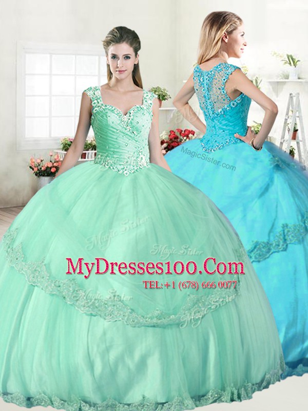 Tulle Straps Sleeveless Lace Up Beading and Lace and Appliques 15 Quinceanera Dress in Apple Green