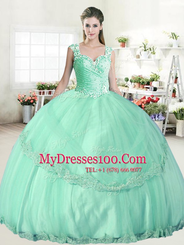 Tulle Straps Sleeveless Lace Up Beading and Lace and Appliques 15 Quinceanera Dress in Apple Green