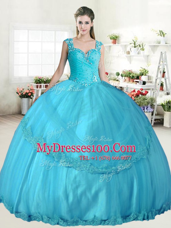 Tulle Straps Sleeveless Lace Up Beading and Lace and Appliques 15 Quinceanera Dress in Apple Green