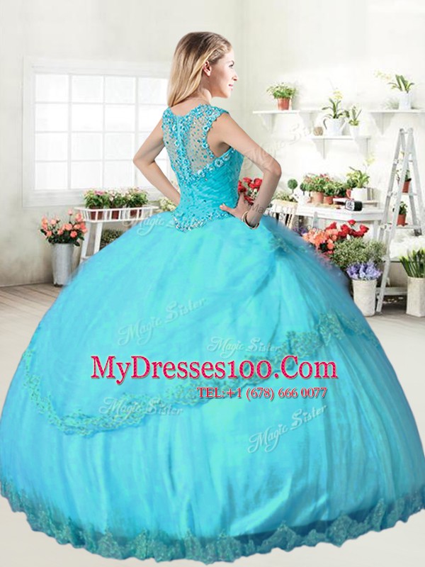 Tulle Straps Sleeveless Lace Up Beading and Lace and Appliques 15 Quinceanera Dress in Apple Green
