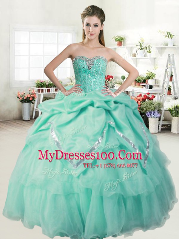 Apple Green Organza Lace Up Sweetheart Sleeveless Sweet 16 Quinceanera Dress Beading and Pick Ups
