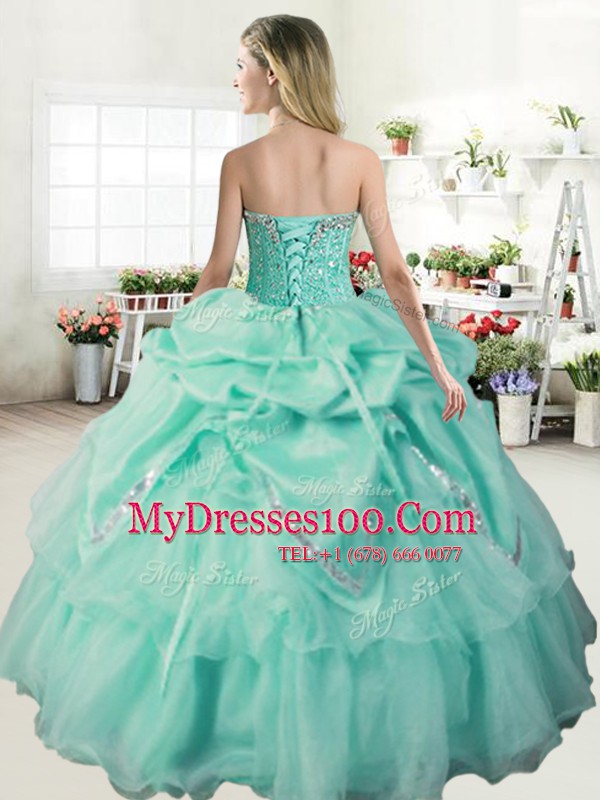 Apple Green Organza Lace Up Sweetheart Sleeveless Sweet 16 Quinceanera Dress Beading and Pick Ups