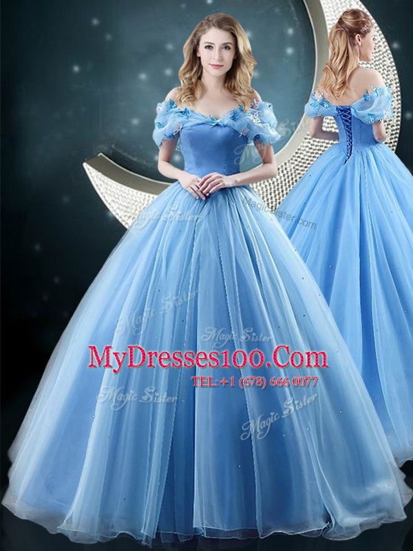 Off The Shoulder Sleeveless Organza 15 Quinceanera Dress Appliques Brush Train Lace Up