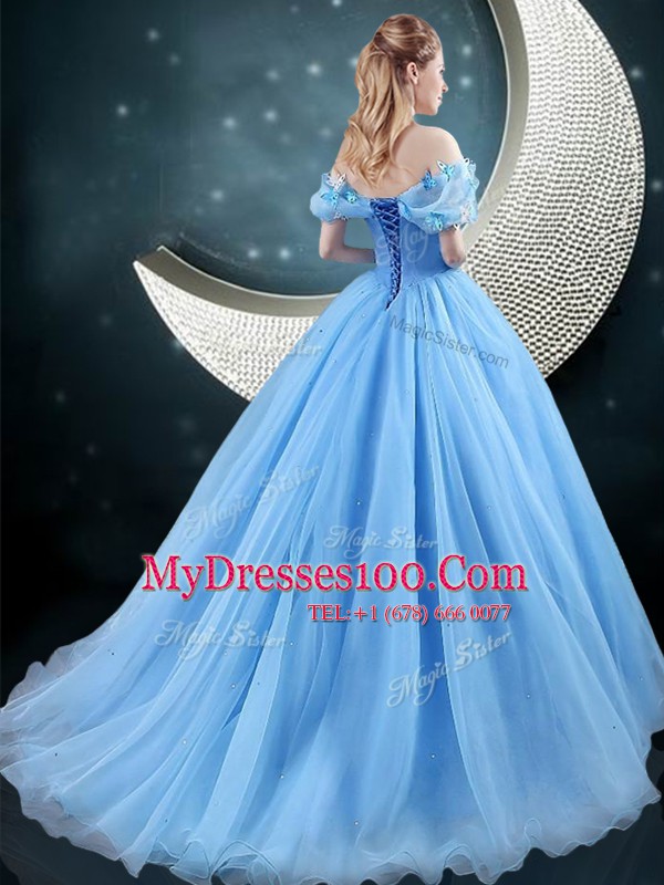 Off The Shoulder Sleeveless Organza 15 Quinceanera Dress Appliques Brush Train Lace Up