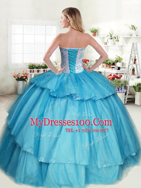 Aqua Blue Ball Gowns Sweetheart Sleeveless Tulle Floor Length Lace Up Beading and Ruffled Layers Quinceanera Gowns