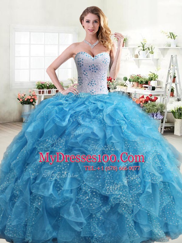 Classical Floor Length Baby Blue Quinceanera Dresses Organza Sleeveless Beading and Ruffles