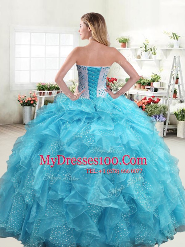Classical Floor Length Baby Blue Quinceanera Dresses Organza Sleeveless Beading and Ruffles