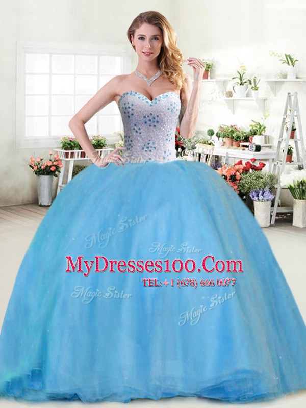 Floor Length Ball Gowns Sleeveless Baby Blue 15 Quinceanera Dress Lace Up