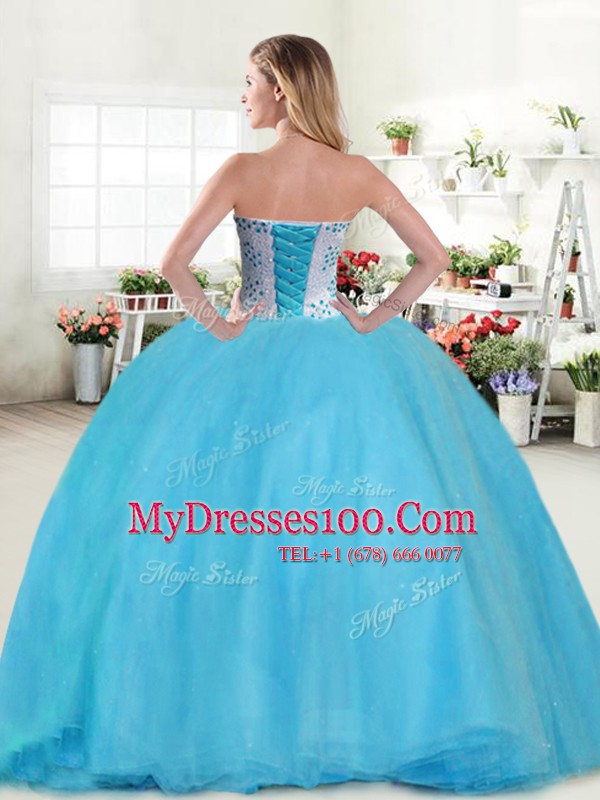 Floor Length Ball Gowns Sleeveless Baby Blue 15 Quinceanera Dress Lace Up