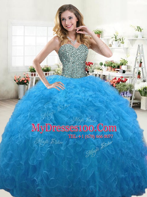 High Quality Beading and Ruffles 15 Quinceanera Dress Baby Blue Lace Up Sleeveless Floor Length