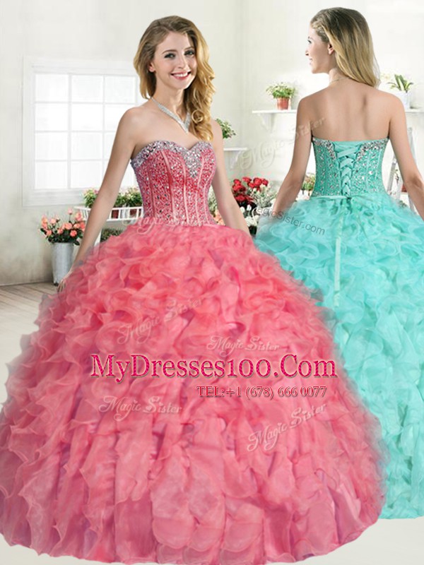 Glamorous Floor Length Lace Up Vestidos de Quinceanera Watermelon Red for Military Ball and Sweet 16 and Quinceanera with Beading and Ruffles